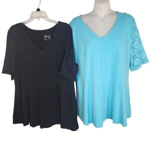 Denim & Co Women's Fit & Flare Lace Elbow Sleeve Top Large Set 2 Black Aqua Blue